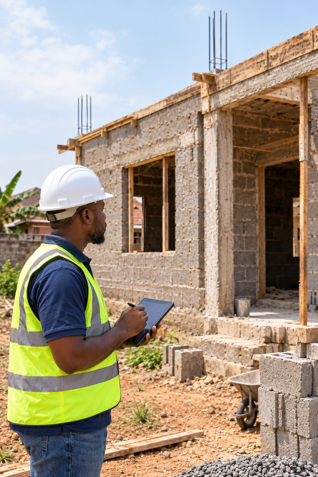 A construction inspector carefully checking the building progress later reviewed remotely by a homeowner.