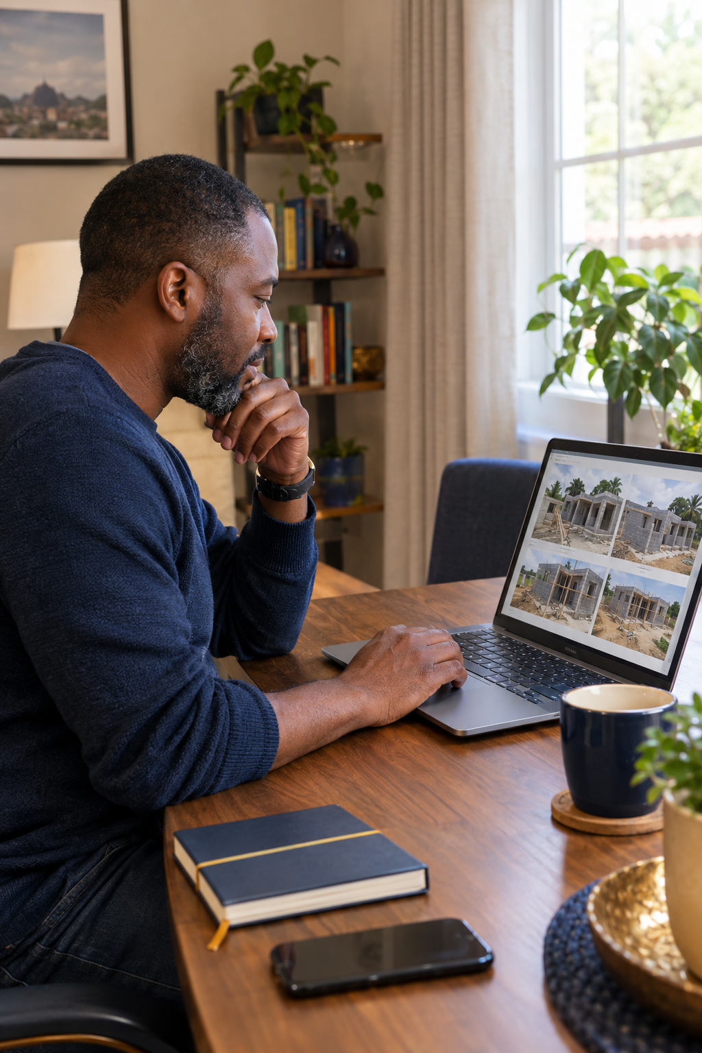 A Ghanaian diaspora homeowner reviewing construction progress photos at home on a laptop.