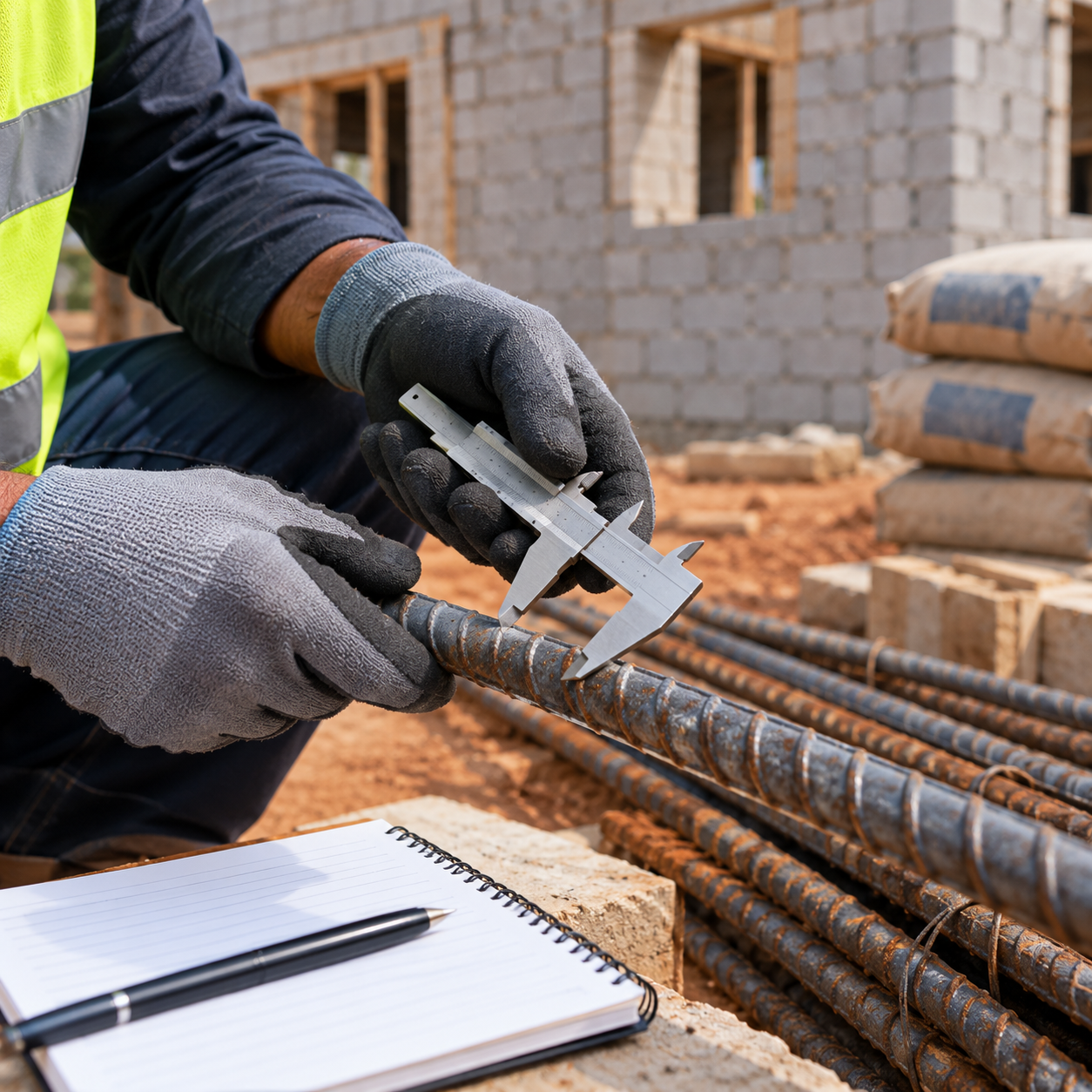 A gloved inspector checking rebar diameter with a caliper
