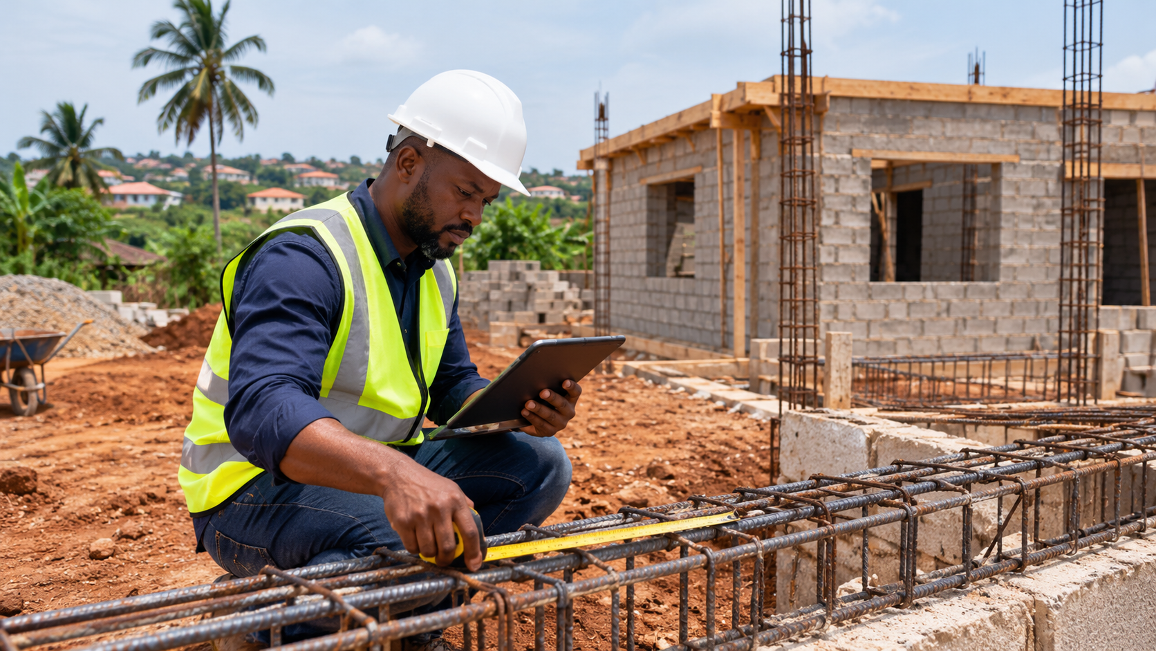 A SiteVerified inspector in safety gear measuring reinforcement steel at a Ghana construction site